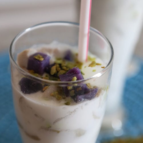 Taro and Coconut Milk Drink with Toasted Green Pinipig